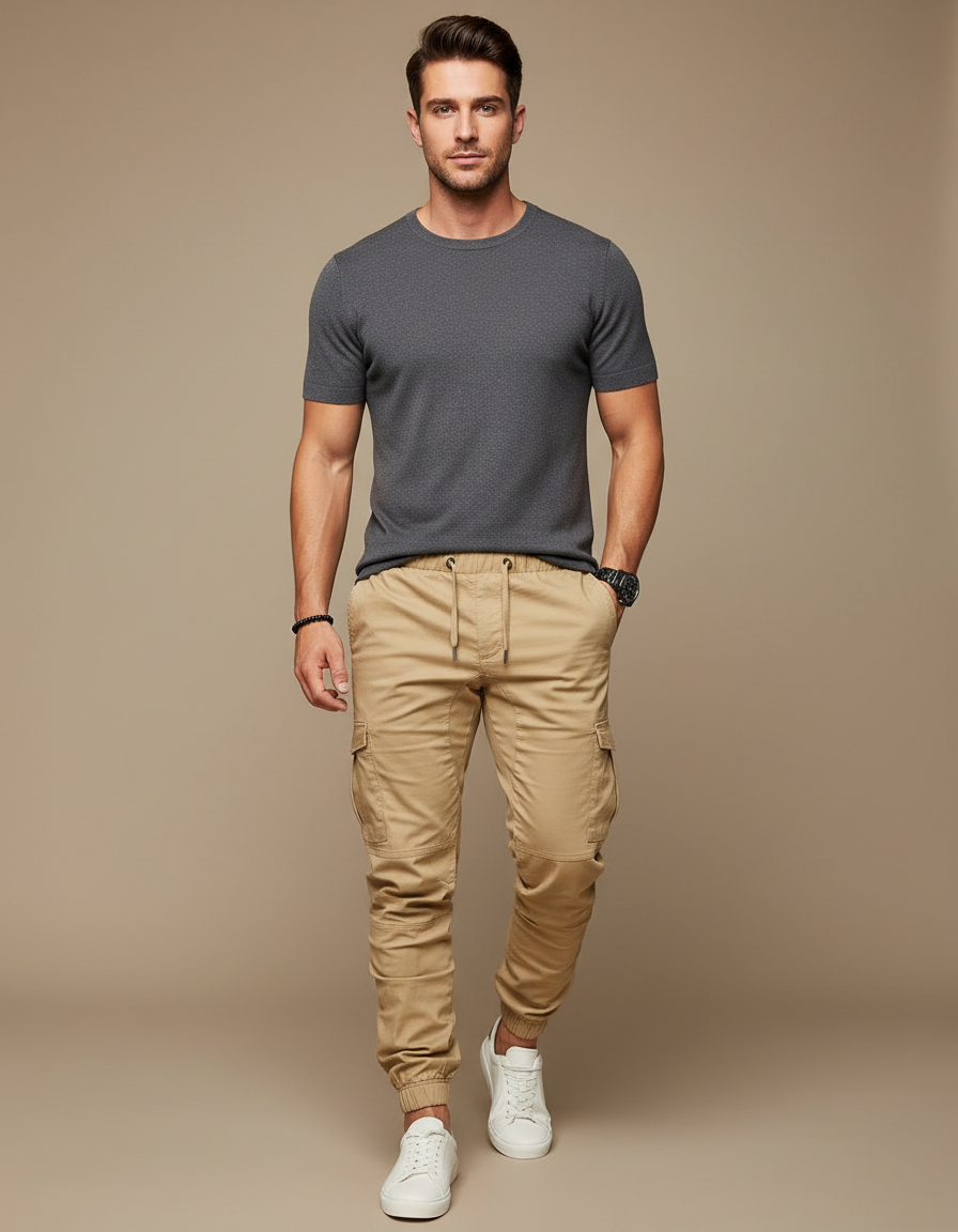 Pantalon Beige Cargo Coton Décontracté Confortable Homme