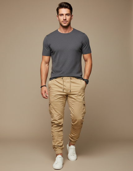 Pantalon Beige Cargo Coton Décontracté Confortable Homme