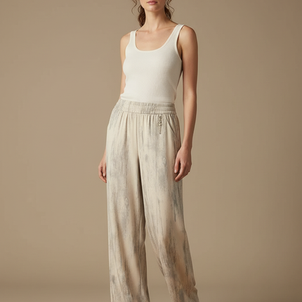 Pantalon Beige Fluide Ample Imprimé Décontracté Femme - Viscose