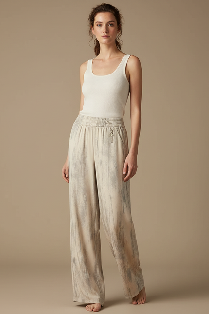 Pantalon Beige Fluide Ample Imprimé Décontracté Femme - Viscose