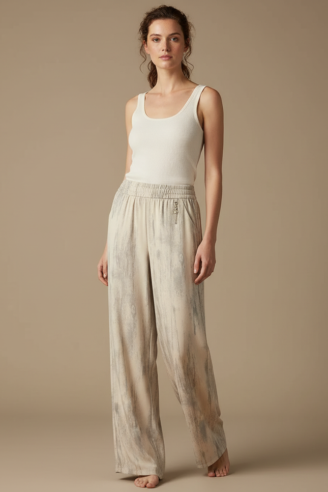Pantalon Beige Fluide Ample Imprimé Décontracté Femme - Viscose