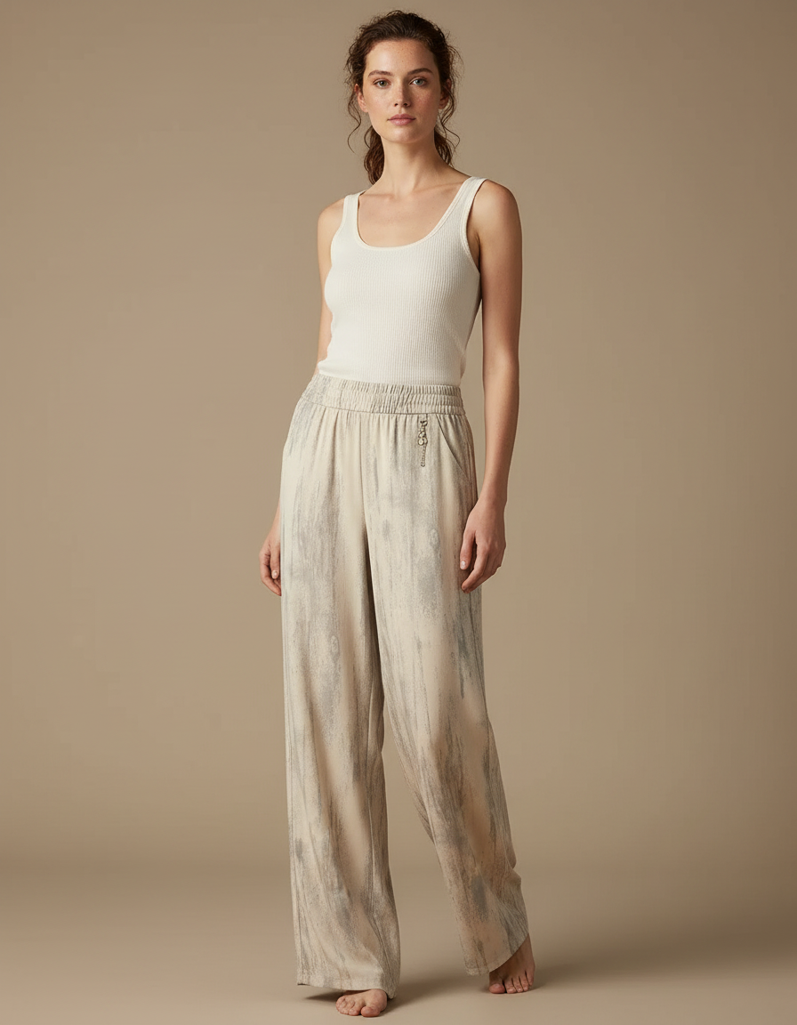 Pantalon Beige Fluide Ample Imprimé Décontracté Femme - Viscose