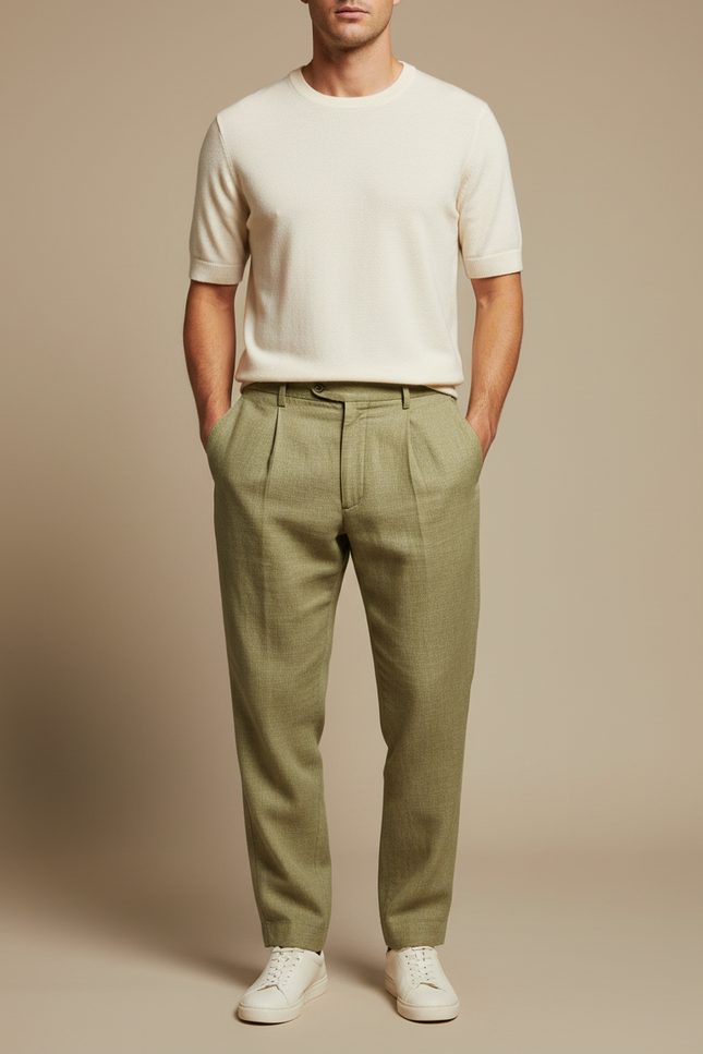 Pantalon Beige Lin Plissé Décontracté Homme - Vert
