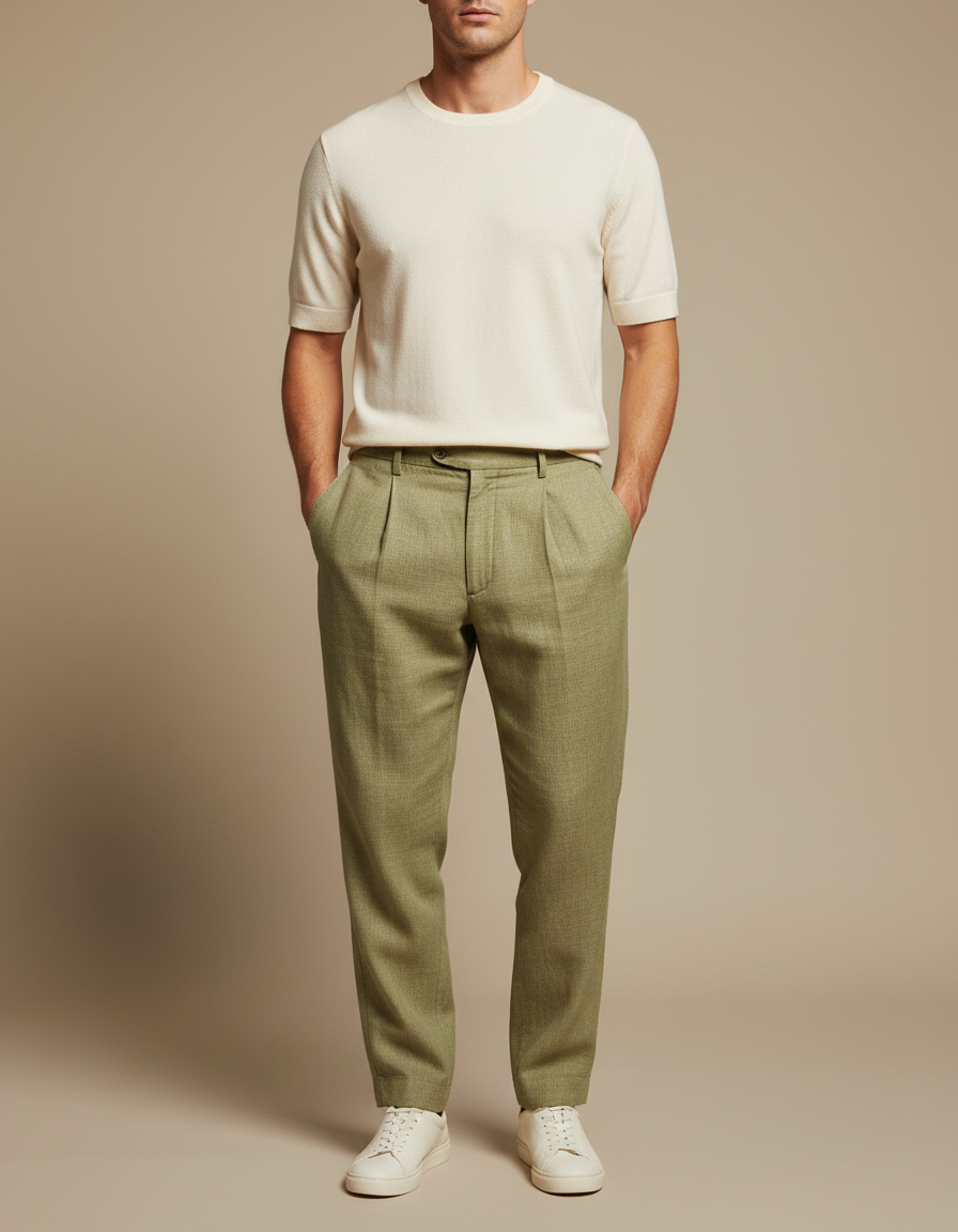 Pantalon Beige Lin Plissé Décontracté Homme - Vert
