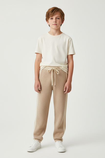 Pantalon Beige Tricoté Ample Rayures Latérales Enfant - Maille