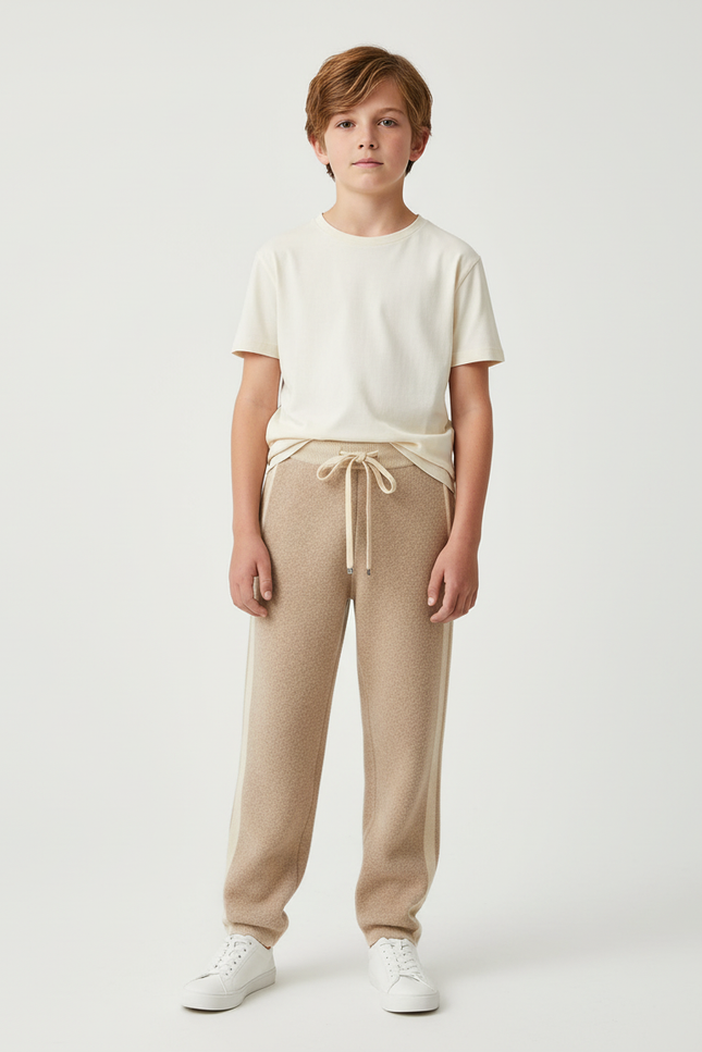 Pantalon Beige Tricoté Ample Rayures Latérales Enfant - Maille