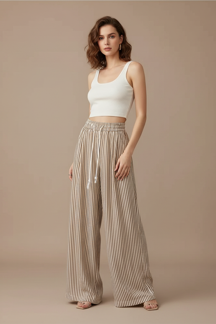 Pantalon Beige Rayé Fluide Ample Taille Haute - Lin
