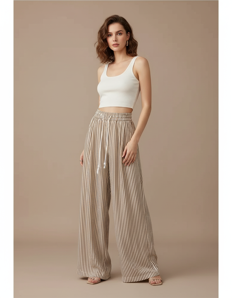 Pantalon Beige Rayé Fluide Ample Taille Haute - Lin