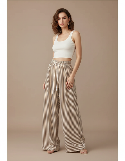Pantalon Beige Rayé Fluide Ample Taille Haute - Lin