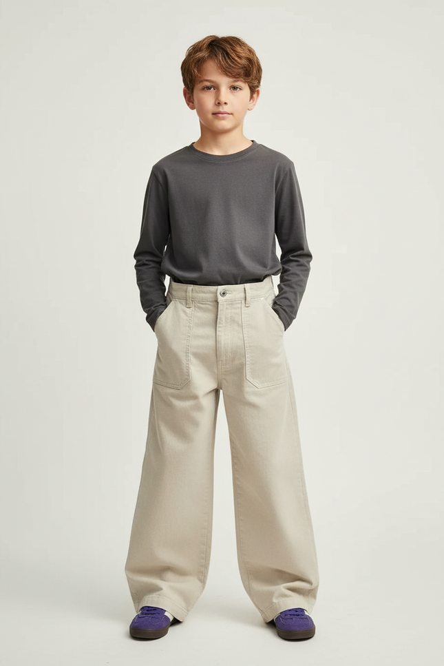 Pantalon Beige Large Enfant Décontracté Coton Uni