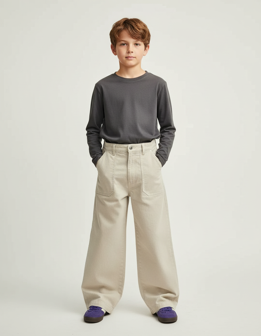 Pantalon Beige Large Enfant Décontracté Coton Uni
