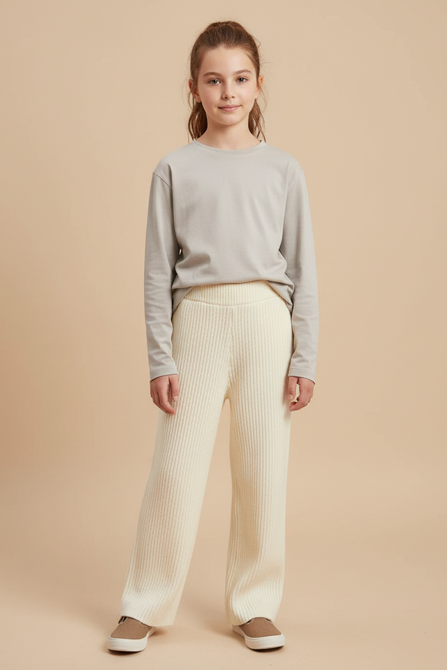 Pantalon Beige Tricoté Côtelé Ample Confortable - Maille