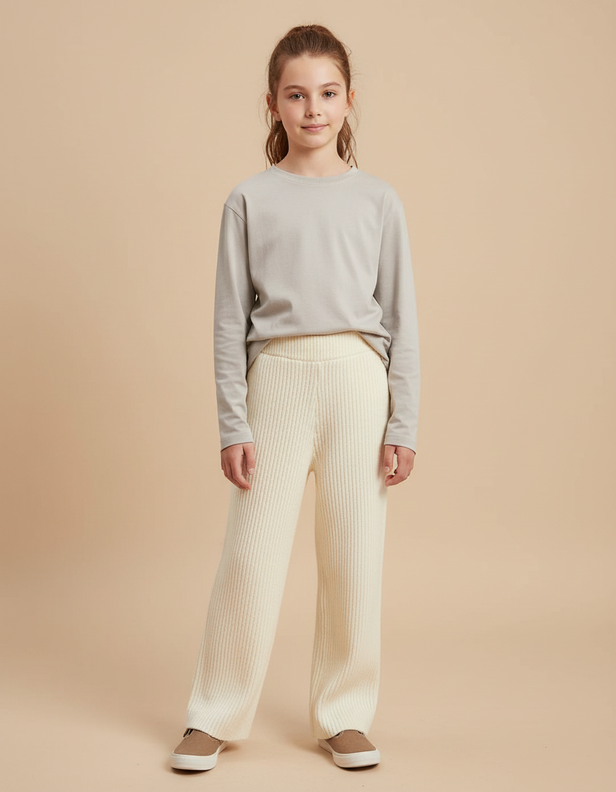 Pantalon Beige Tricoté Côtelé Ample Confortable - Maille