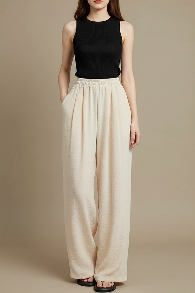 Pantalon Beige Elastique Femme - Lin