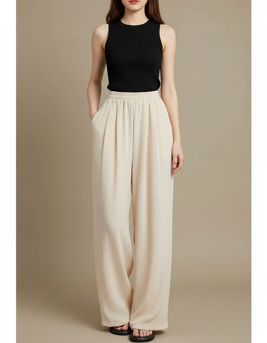 Pantalon Beige Elastique Femme - Lin