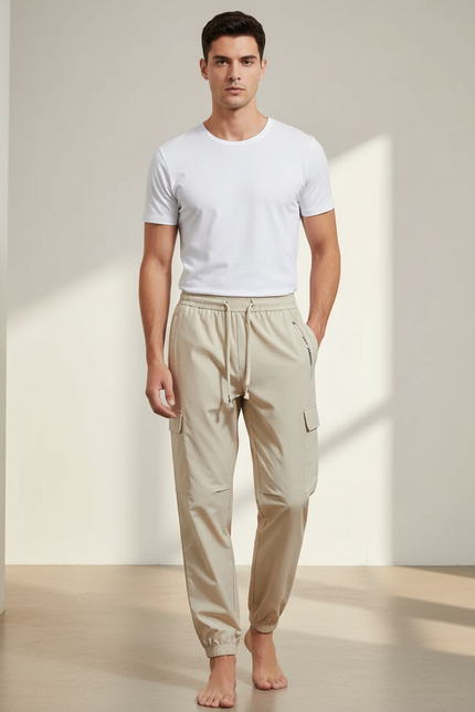 Pantalon Beige Cargo Léger Sport Jogger Cordon - Polyester