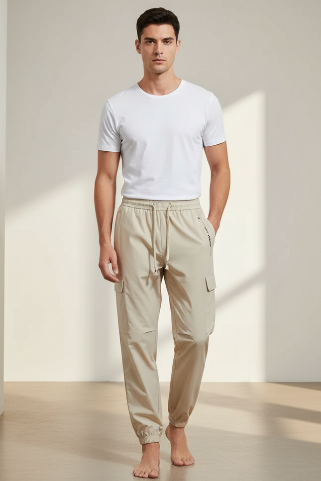 Pantalon Beige Cargo Léger Sport Jogger Cordon - Polyester