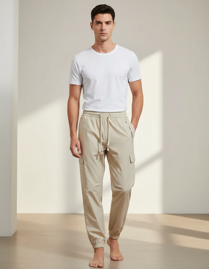 Pantalon Beige Cargo Léger Sport Jogger Cordon - Polyester