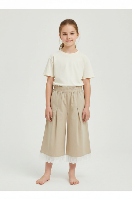Pantalon Beige Ample Plissé Dentelle Fille Décontracté - Polyester