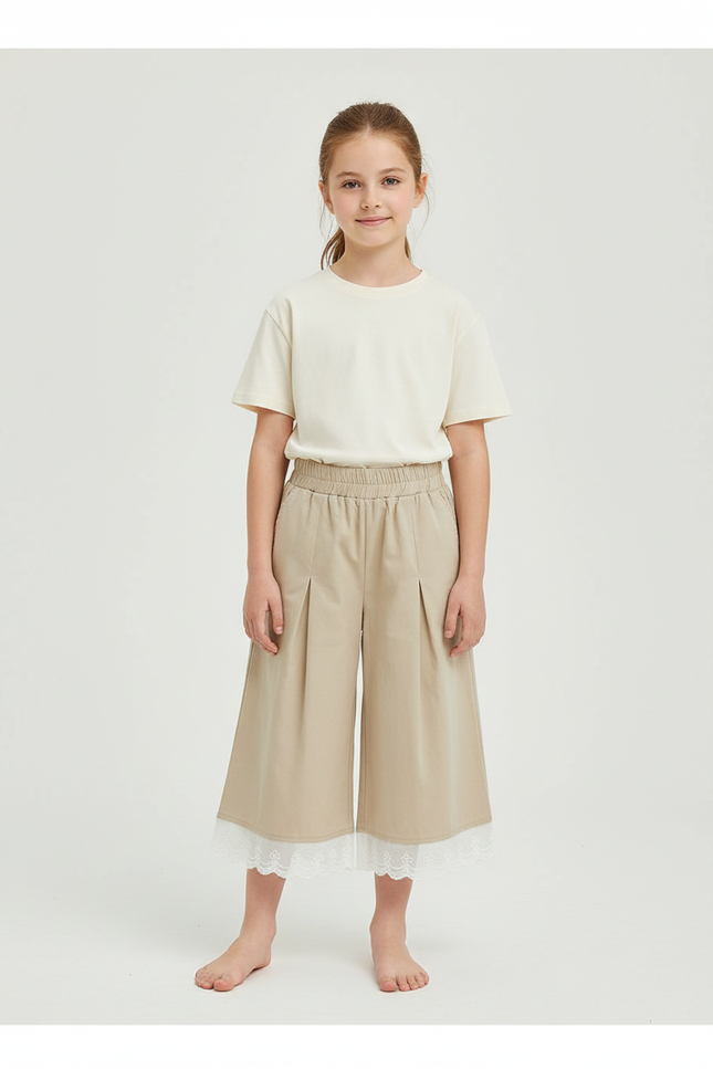 Pantalon Beige Ample Plissé Dentelle Fille Décontracté - Polyester