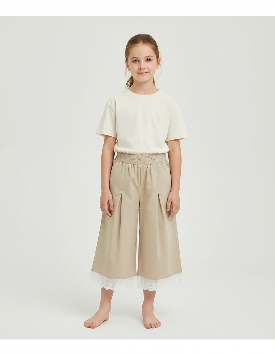 Pantalon Beige Ample Plissé Dentelle Fille Décontracté - Polyester