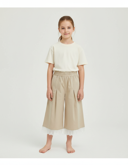 Pantalon Beige Ample Plissé Dentelle Fille Décontracté - Polyester