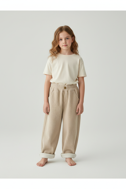 Pantalon Beige Enfant Côtelé Ample Élastique Doux Hiver - Cordé