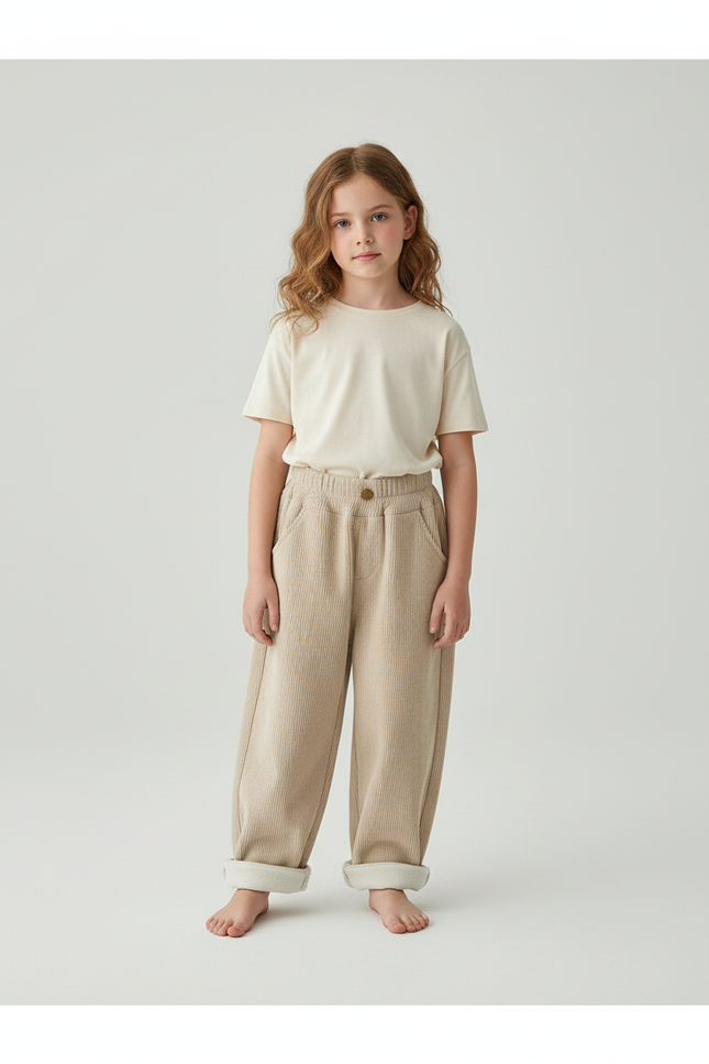 Pantalon Beige Enfant Côtelé Ample Élastique Doux Hiver - Cordé