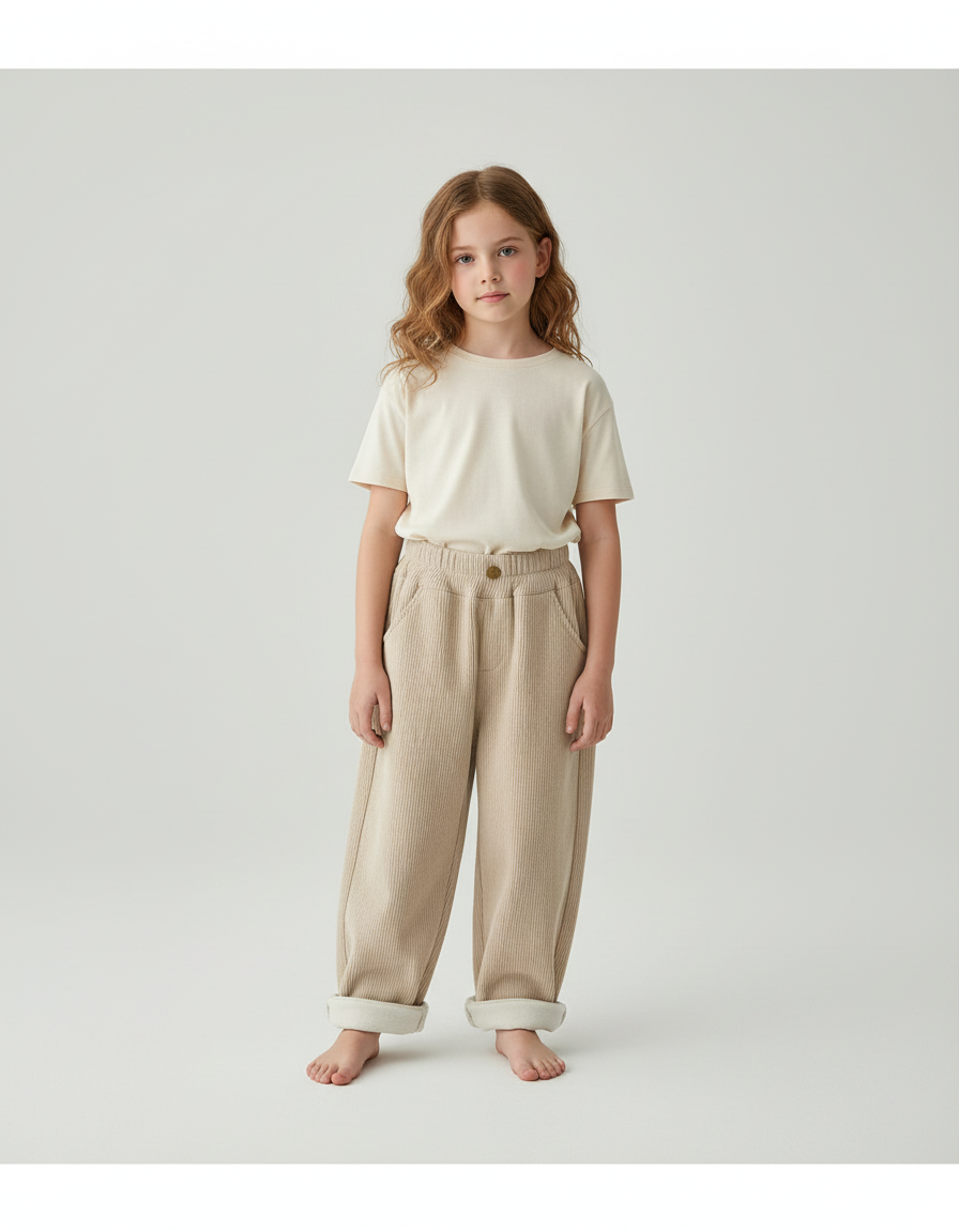 Pantalon Beige Enfant Côtelé Ample Élastique Doux Hiver - Cordé