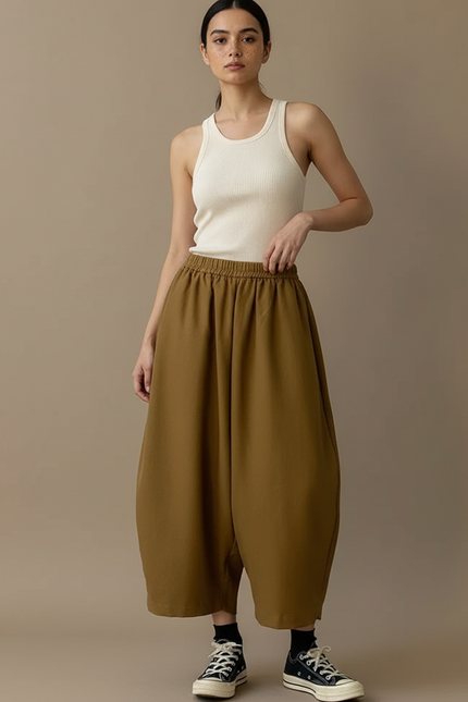 Pantalon Beige Ample Coton Fluide Décontracté - Kaki