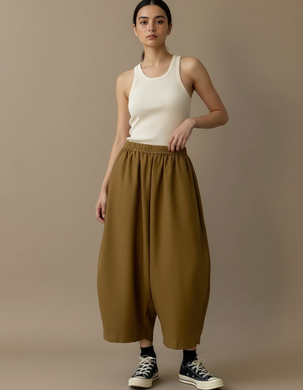 Pantalon Beige Ample Coton Fluide Décontracté - Kaki