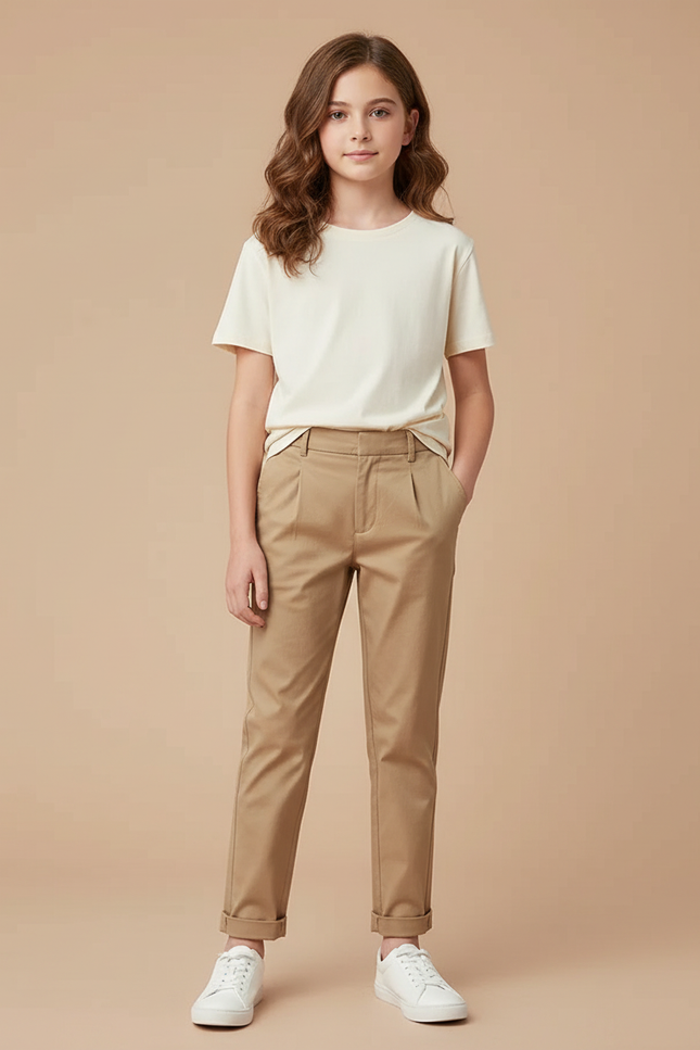 Pantalon Beige Plissé Décontracté Enfant Coton - Gabardine