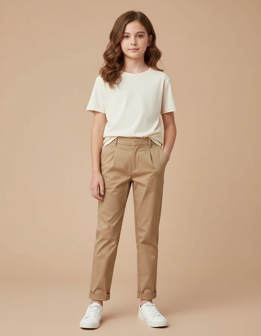 Pantalon Beige Plissé Décontracté Enfant Coton - Gabardine
