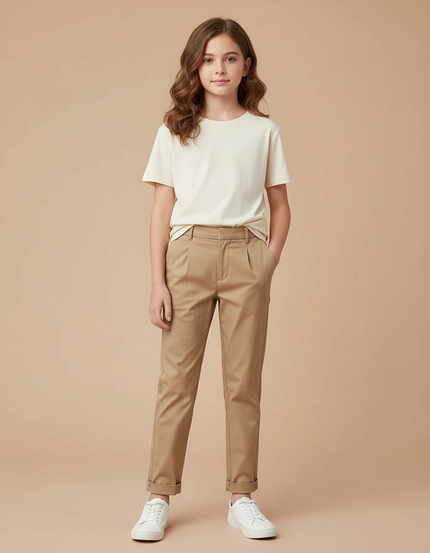 Pantalon Beige Plissé Décontracté Enfant Coton - Gabardine