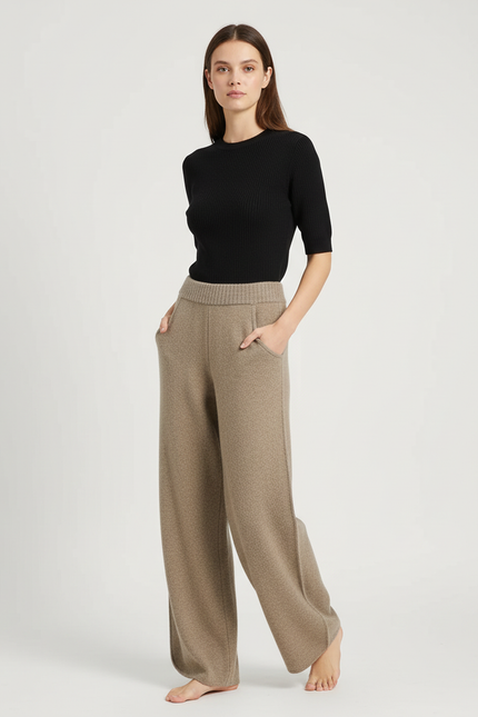 Pantalon Beige Ample Laine Tricoté Confortable Femme