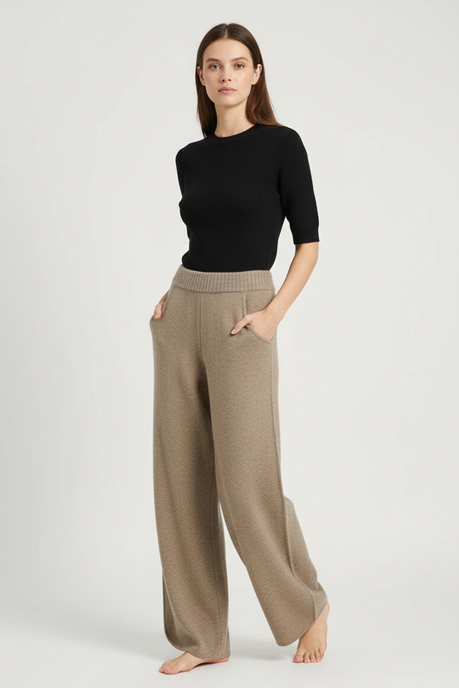 Pantalon Beige Ample Laine Tricoté Confortable Femme