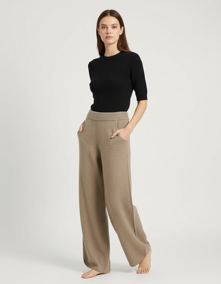 Pantalon Beige Ample Laine Tricoté Confortable Femme