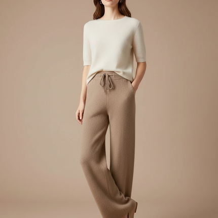 Pantalon Beige Ample Tricoté Doux Confortable - Maille