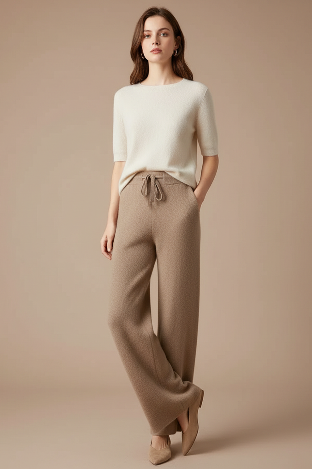 Pantalon Beige Ample Tricoté Doux Confortable - Maille
