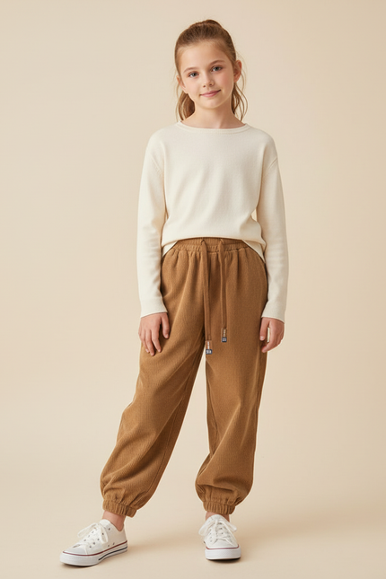 Pantalon Beige Côtelé Ample Sport Enfant - Camel Cordé