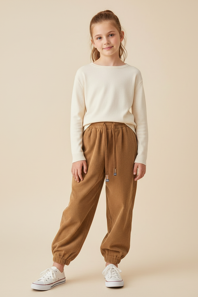 Pantalon Beige Côtelé Ample Sport Enfant - Camel Cordé