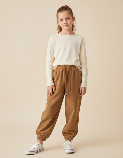 Pantalon Beige Côtelé Ample Sport Enfant - Camel Cordé