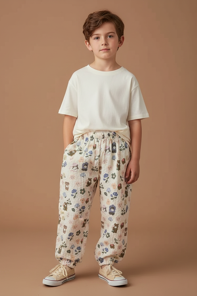 Pantalon Beige Imprimé Floral Ample Coton Enfant