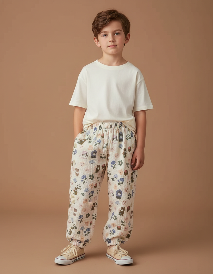 Pantalon Beige Imprimé Floral Ample Coton Enfant