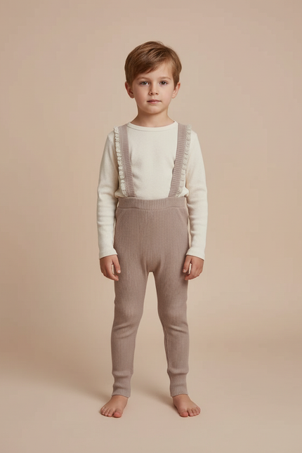 Pantalon Beige Salopette Tricotée Côtelée Enfant Mignonne - Maille