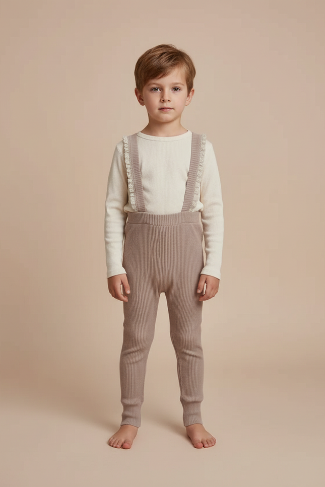 Pantalon Beige Salopette Tricotée Côtelée Enfant Mignonne - Maille