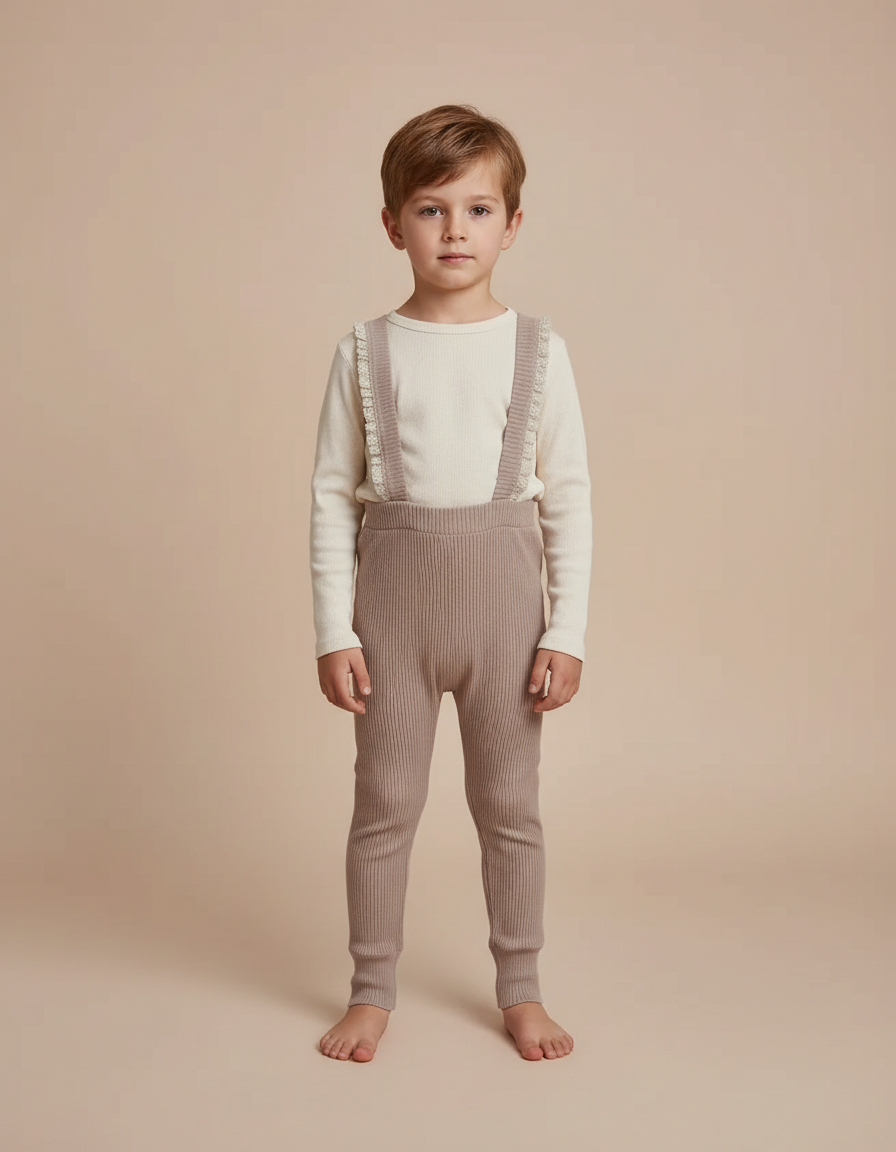 Pantalon Beige Salopette Tricotée Côtelée Enfant Mignonne - Maille