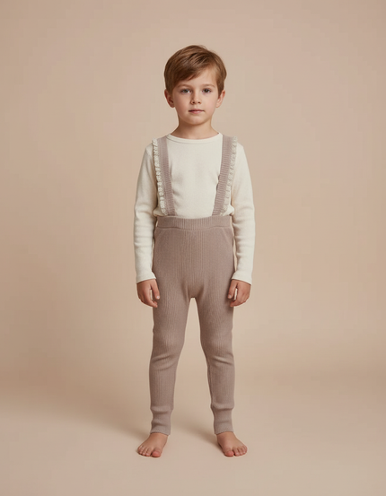 Pantalon Beige Salopette Tricotée Côtelée Enfant Mignonne - Maille