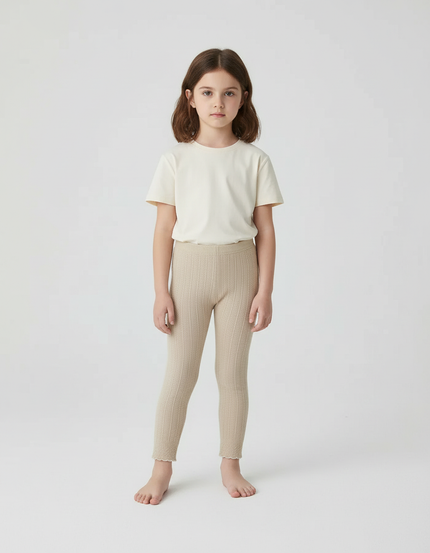 Pantalon Beige Côtelé Fille, Confortable, Bas Volanté - Maille