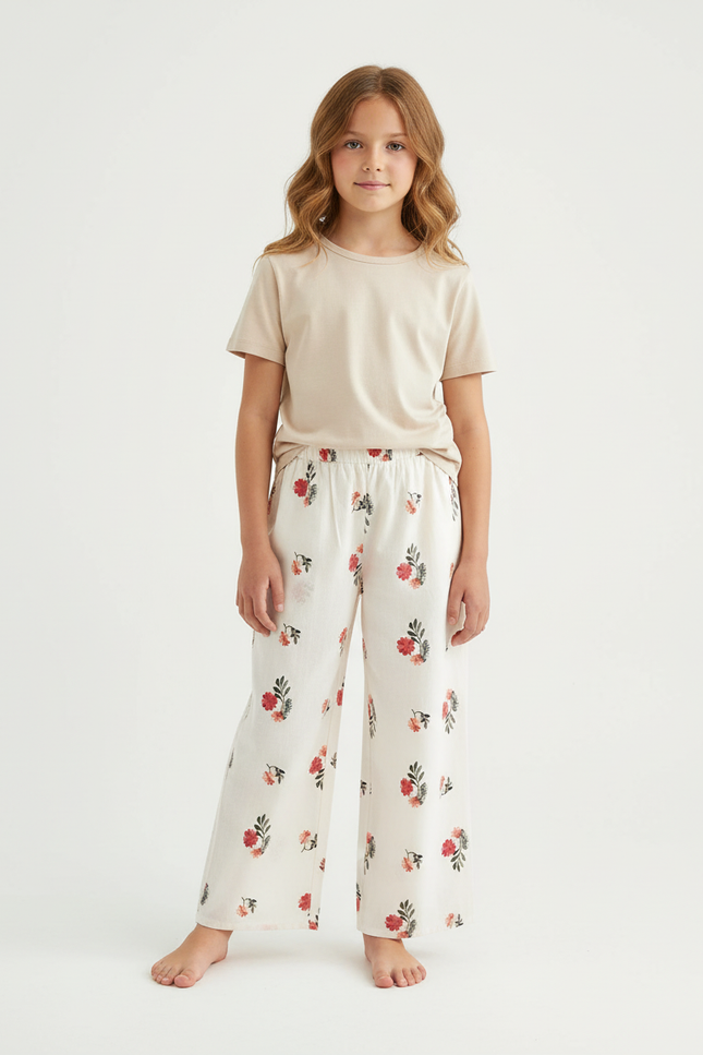 Pantalon Beige Imprimé Floral Ample Fille Coton - Blanc